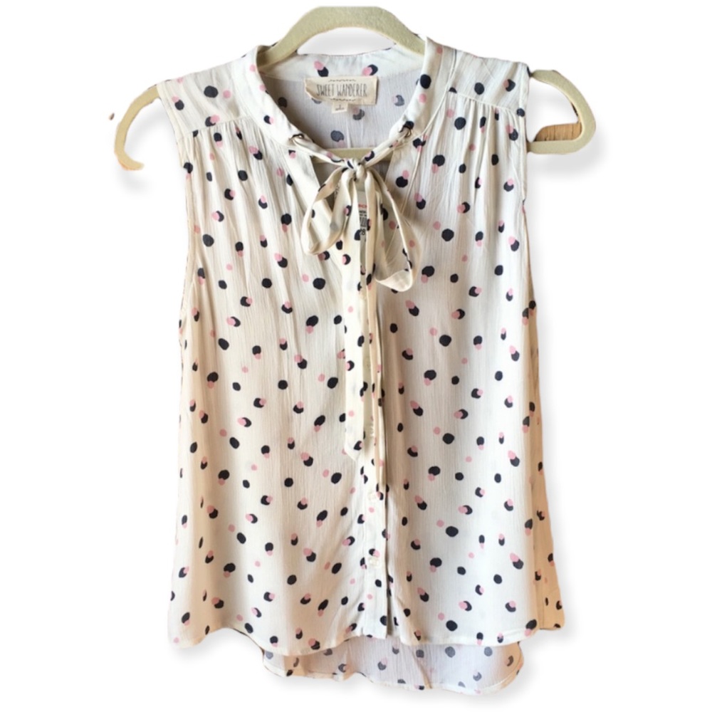 3/$20 SWEET WANDERER Neck Tie Tank Top Polka Dots White Small